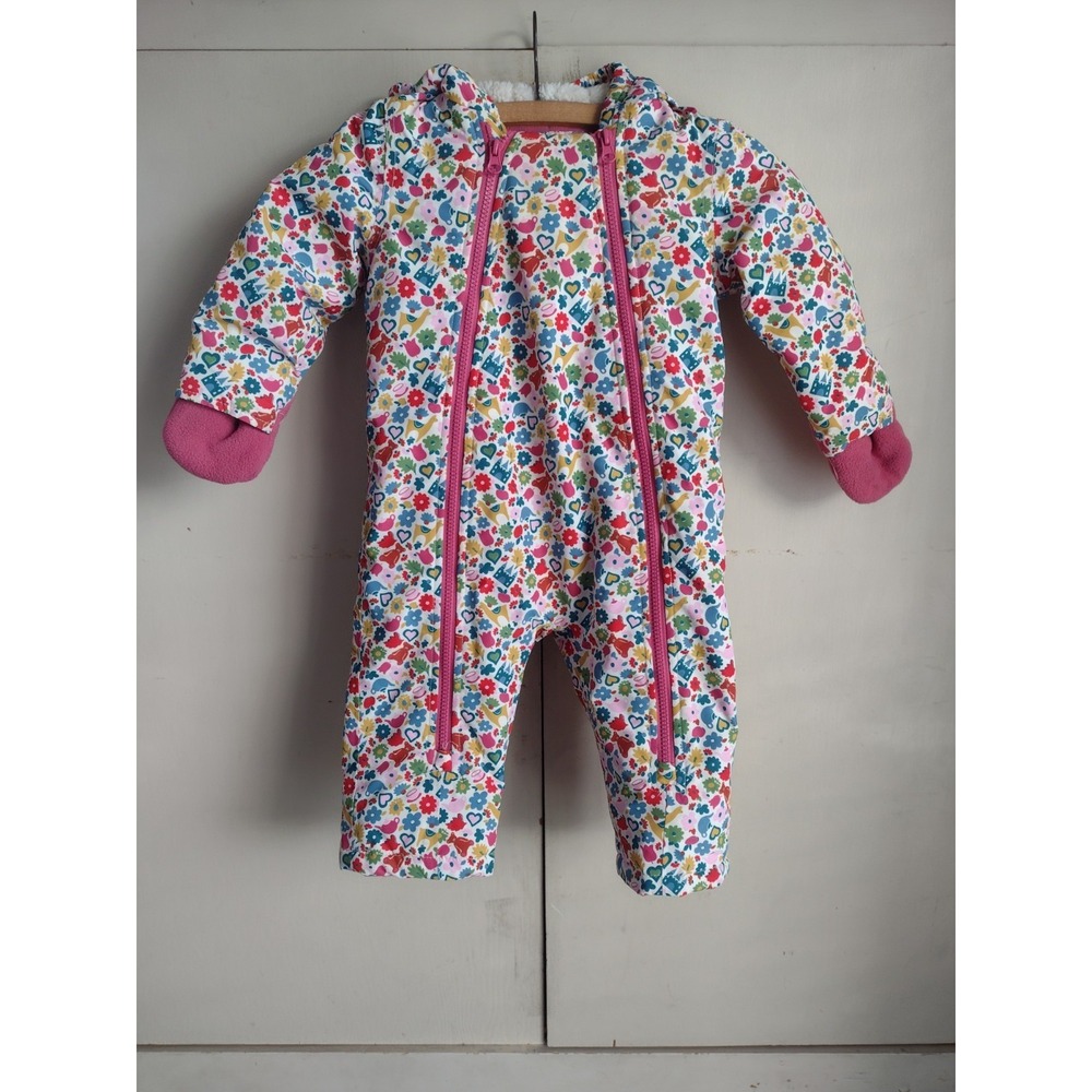 Baby Boden Girls Snow Suit Floral Shapes Fleece Lined Sz 12-18m Zip Up Mittens